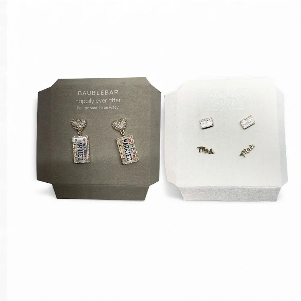 Baublebar Just Married Pave Imitation Pearl Heart & License Plate Drop earrings
